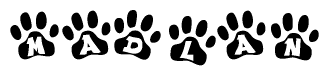 The image shows a series of animal paw prints arranged in a horizontal line. Each paw print contains a letter, and together they spell out the word Madlan.
