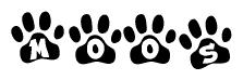 The image shows a row of animal paw prints, each containing a letter. The letters spell out the word Moos within the paw prints.