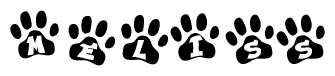 The image shows a series of animal paw prints arranged in a horizontal line. Each paw print contains a letter, and together they spell out the word Meliss.