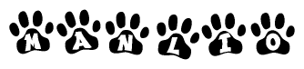 The image shows a series of animal paw prints arranged in a horizontal line. Each paw print contains a letter, and together they spell out the word Manlio.