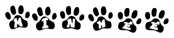 The image shows a series of animal paw prints arranged horizontally. Within each paw print, there's a letter; together they spell Minhee