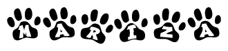 The image shows a series of animal paw prints arranged in a horizontal line. Each paw print contains a letter, and together they spell out the word Mariza.