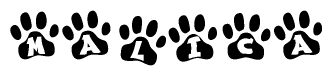 The image shows a series of animal paw prints arranged in a horizontal line. Each paw print contains a letter, and together they spell out the word Malica.