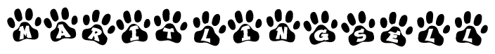 The image shows a row of animal paw prints, each containing a letter. The letters spell out the word Maritlingsell within the paw prints.