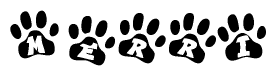 The image shows a series of animal paw prints arranged horizontally. Within each paw print, there's a letter; together they spell Merri