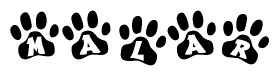 The image shows a row of animal paw prints, each containing a letter. The letters spell out the word Malar within the paw prints.
