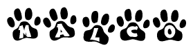 The image shows a series of animal paw prints arranged in a horizontal line. Each paw print contains a letter, and together they spell out the word Malco.