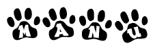 The image shows a row of animal paw prints, each containing a letter. The letters spell out the word Manu within the paw prints.