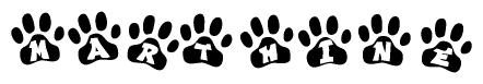 The image shows a row of animal paw prints, each containing a letter. The letters spell out the word Marthine within the paw prints.