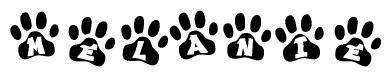 The image shows a row of animal paw prints, each containing a letter. The letters spell out the word Melanie within the paw prints.
