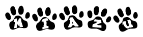 The image shows a series of animal paw prints arranged horizontally. Within each paw print, there's a letter; together they spell Miazu
