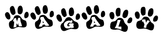 The image shows a series of animal paw prints arranged in a horizontal line. Each paw print contains a letter, and together they spell out the word Magaly.