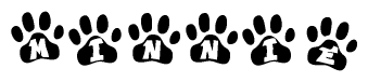The image shows a series of animal paw prints arranged horizontally. Within each paw print, there's a letter; together they spell Minnie