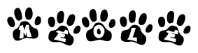 The image shows a series of animal paw prints arranged in a horizontal line. Each paw print contains a letter, and together they spell out the word Meole.