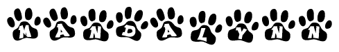 The image shows a series of animal paw prints arranged in a horizontal line. Each paw print contains a letter, and together they spell out the word Mandalynn.