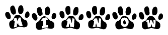 The image shows a row of animal paw prints, each containing a letter. The letters spell out the word Minnow within the paw prints.