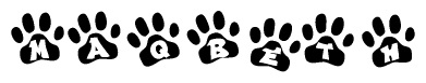 The image shows a series of animal paw prints arranged in a horizontal line. Each paw print contains a letter, and together they spell out the word Maqbeth.