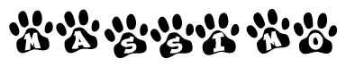 The image shows a series of animal paw prints arranged in a horizontal line. Each paw print contains a letter, and together they spell out the word Massimo.