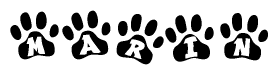 The image shows a series of animal paw prints arranged horizontally. Within each paw print, there's a letter; together they spell Marin