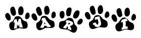 The image shows a row of animal paw prints, each containing a letter. The letters spell out the word Marji within the paw prints.