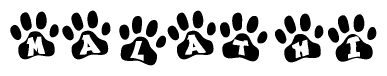 The image shows a series of animal paw prints arranged in a horizontal line. Each paw print contains a letter, and together they spell out the word Malathi.