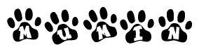 The image shows a series of animal paw prints arranged in a horizontal line. Each paw print contains a letter, and together they spell out the word Mumin.