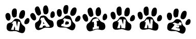 The image shows a series of animal paw prints arranged in a horizontal line. Each paw print contains a letter, and together they spell out the word Nadinne.