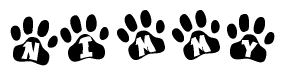 The image shows a series of animal paw prints arranged in a horizontal line. Each paw print contains a letter, and together they spell out the word Nimmy.