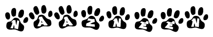 The image shows a row of animal paw prints, each containing a letter. The letters spell out the word Naazneen within the paw prints.