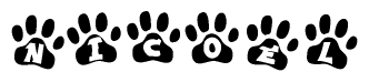 The image shows a row of animal paw prints, each containing a letter. The letters spell out the word Nicoel within the paw prints.
