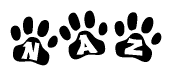 The image shows a row of animal paw prints, each containing a letter. The letters spell out the word Naz within the paw prints.