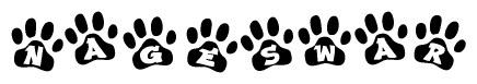 The image shows a row of animal paw prints, each containing a letter. The letters spell out the word Nageswar within the paw prints.