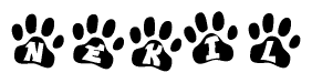 The image shows a series of animal paw prints arranged in a horizontal line. Each paw print contains a letter, and together they spell out the word Nekil.