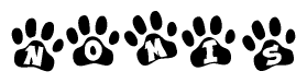 The image shows a row of animal paw prints, each containing a letter. The letters spell out the word Nomis within the paw prints.