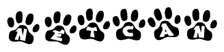 The image shows a row of animal paw prints, each containing a letter. The letters spell out the word Netcan within the paw prints.