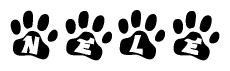 The image shows a row of animal paw prints, each containing a letter. The letters spell out the word Nele within the paw prints.