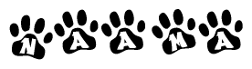 The image shows a row of animal paw prints, each containing a letter. The letters spell out the word Naama within the paw prints.