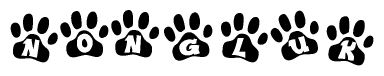 The image shows a series of animal paw prints arranged in a horizontal line. Each paw print contains a letter, and together they spell out the word Nongluk.