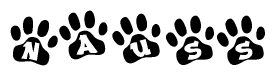 The image shows a row of animal paw prints, each containing a letter. The letters spell out the word Nauss within the paw prints.