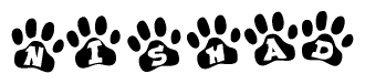 The image shows a series of animal paw prints arranged in a horizontal line. Each paw print contains a letter, and together they spell out the word Nishad.