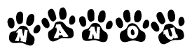 The image shows a series of animal paw prints arranged horizontally. Within each paw print, there's a letter; together they spell Nanou