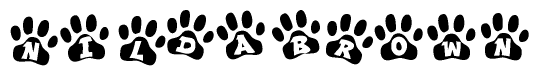 The image shows a row of animal paw prints, each containing a letter. The letters spell out the word Nildabrown within the paw prints.
