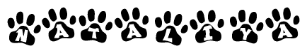 The image shows a series of animal paw prints arranged in a horizontal line. Each paw print contains a letter, and together they spell out the word Nataliya.