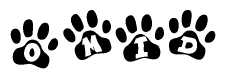 The image shows a series of animal paw prints arranged in a horizontal line. Each paw print contains a letter, and together they spell out the word Omid.