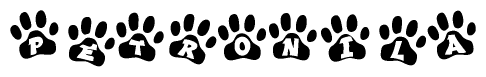 The image shows a series of animal paw prints arranged in a horizontal line. Each paw print contains a letter, and together they spell out the word Petronila.