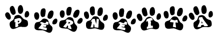 The image shows a row of animal paw prints, each containing a letter. The letters spell out the word Perneita within the paw prints.
