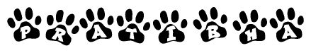 The image shows a row of animal paw prints, each containing a letter. The letters spell out the word Pratibha within the paw prints.