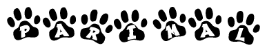 The image shows a series of animal paw prints arranged horizontally. Within each paw print, there's a letter; together they spell Parimal