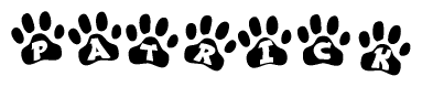 The image shows a row of animal paw prints, each containing a letter. The letters spell out the word Patrick within the paw prints.
