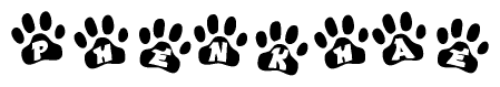 The image shows a series of animal paw prints arranged horizontally. Within each paw print, there's a letter; together they spell Phenkhae